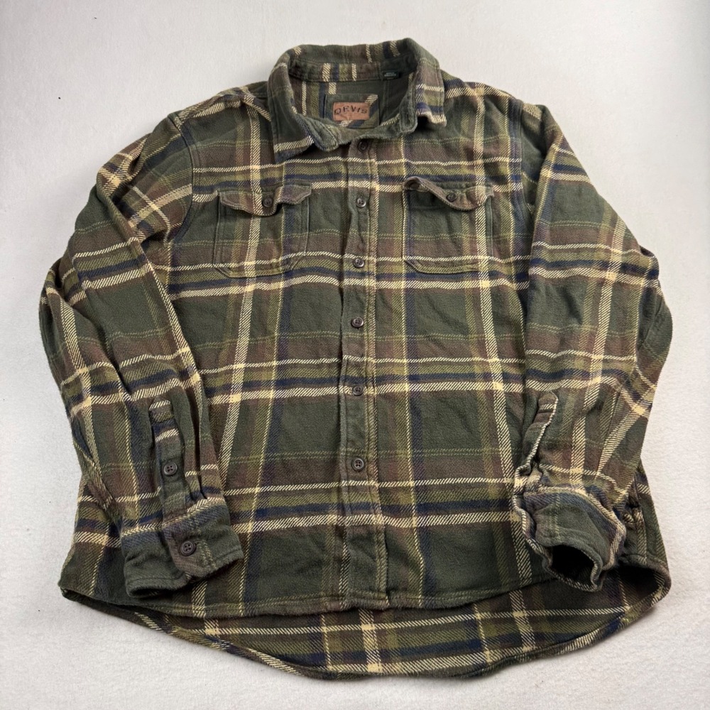 Orvis Mens Fleece Plaid Flannel Shirt Jacket Green Tan Large Button Up jhacket‎